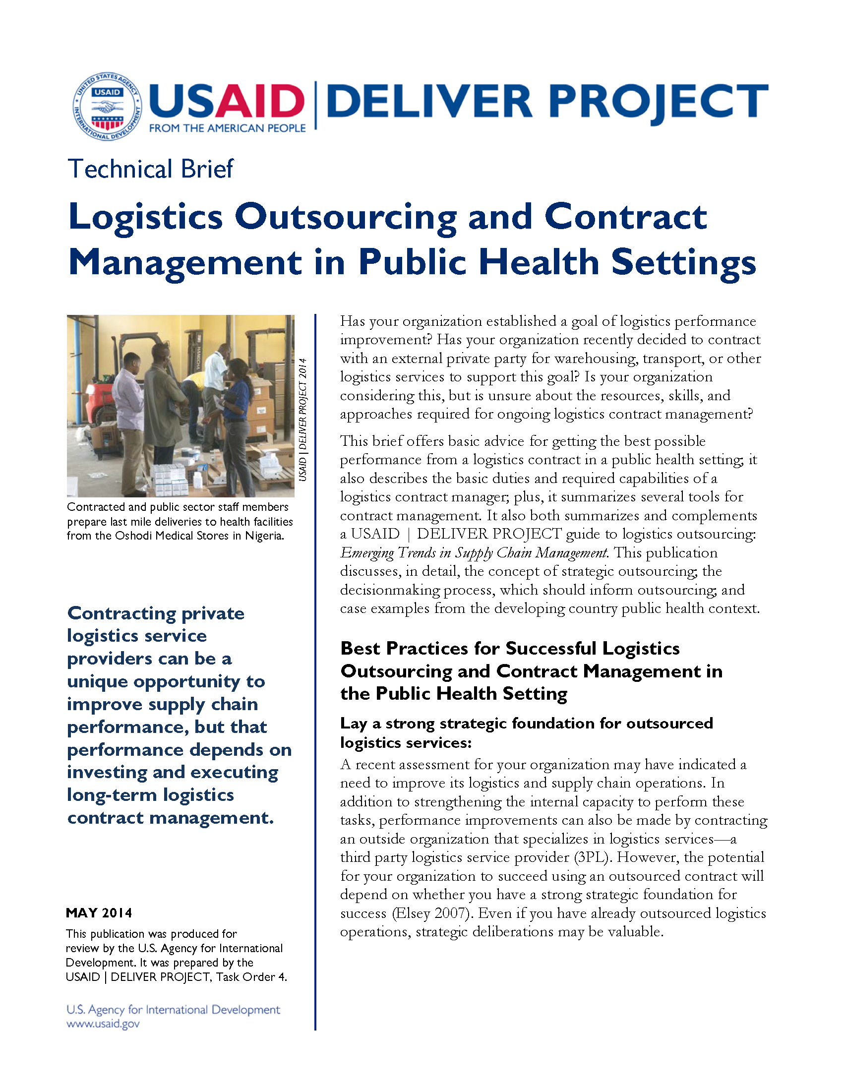 Cover for Logistics Outsourcing and Contract Management in Public Health Settings