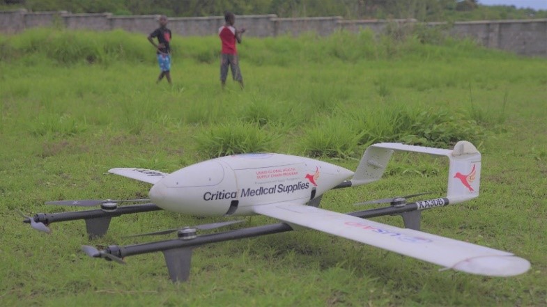 Drone sitting on ground between flights in Malawi