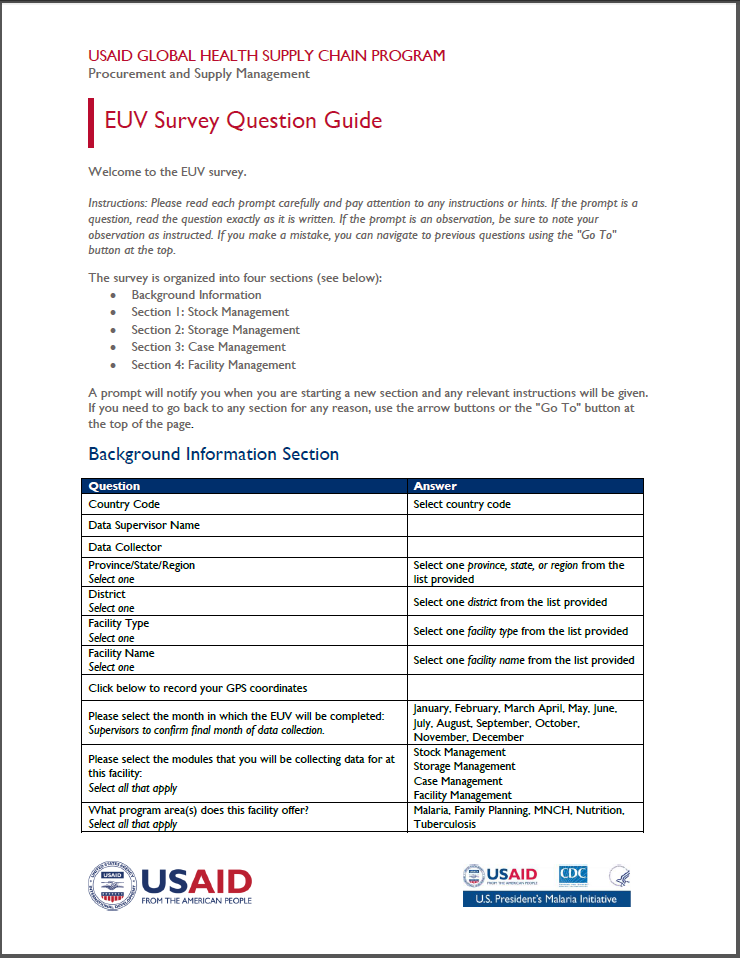 first page of EUV survey question guide
