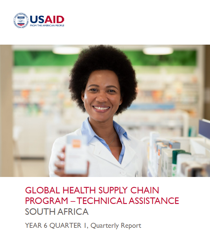 The cover of the GHSC-TA South Africa Quarterly Report with a pharmacist smiling and holding up medicine.