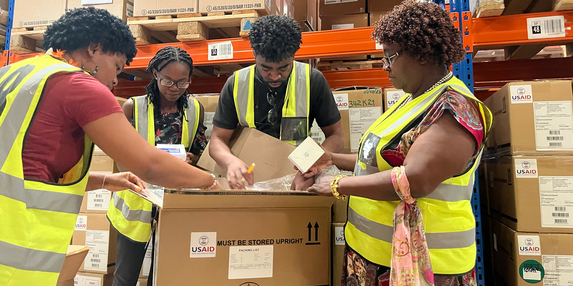  A routine inventory spot-check is carried out by Chedeline Joseph, Inventory Control; Charline Carolus, Warehouse Pharmacist; Johny Daloute, Inventory Assistant; and Margery Richardson, Warehouse Manager. 