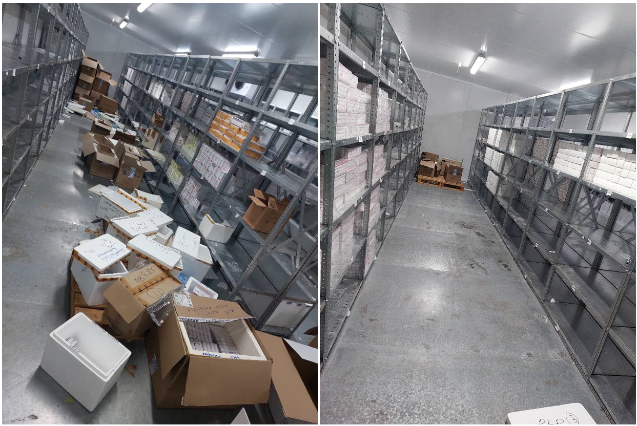 A before and after comparison of one aisle in the warehouse, with the before image showing many various boxes opened and scattered on the floor and stacked along the wall, and the after image showing the boxes have been placed on the shelves and neatly organized with the aisle's walkway clear.