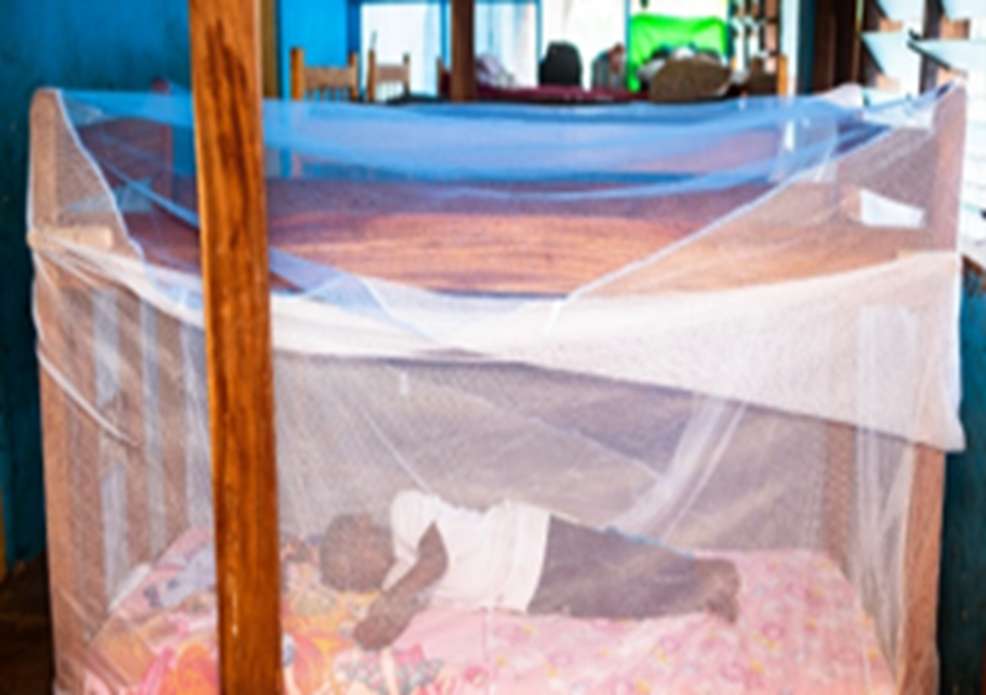 A child in Osudoku Global SOS safely tucked under a mosquito net. 