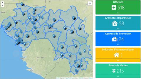 map shows country of guinea with pins dropped to demonstrate location of pharmacies